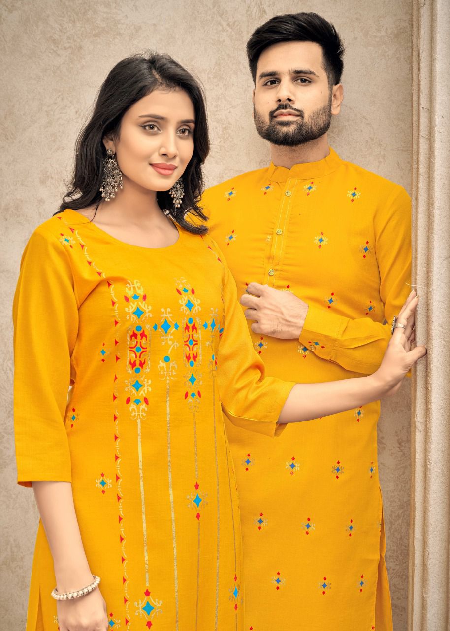 Ready to wear 100% Cotton Yalow color couple kurtis