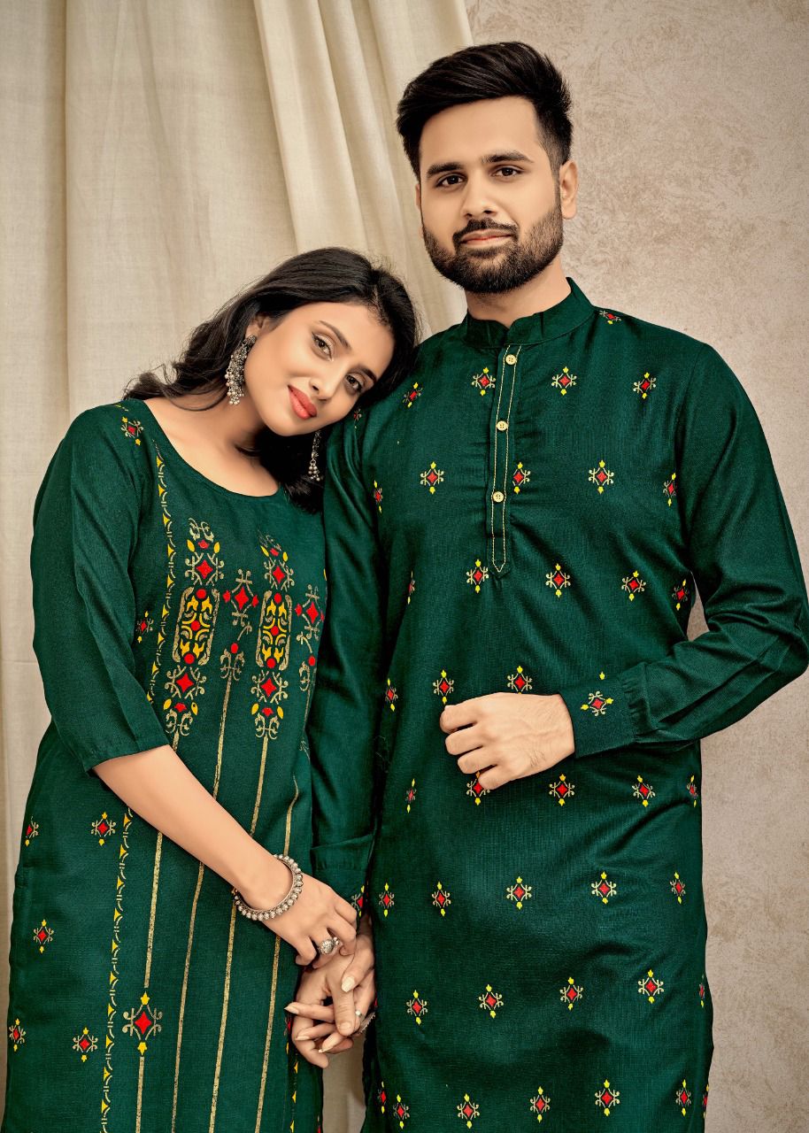 Ready to wear 100% Cotton Dark green color couple kurtis