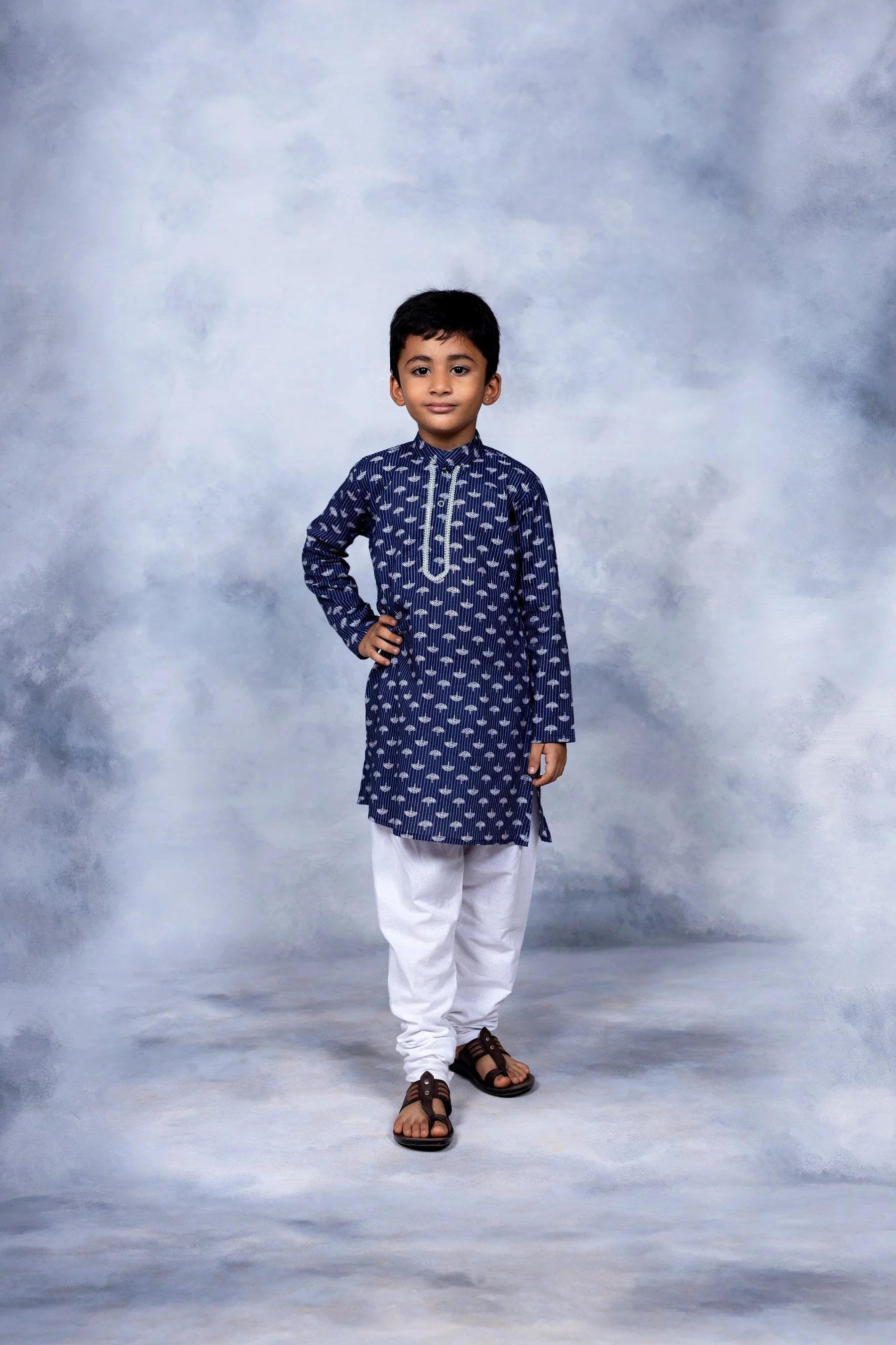 Ahalyaa Boys Navy Blue Pure Cotton Digital Print Kids Kurta Churidar S