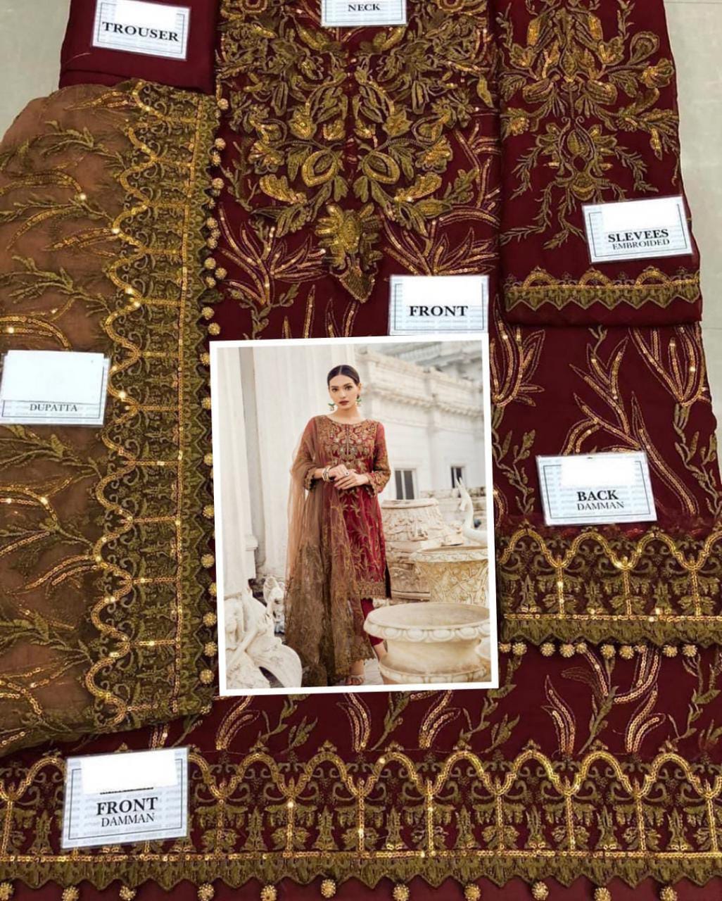 Beautiful Ready to wear Gorget Fabric golden embroidery work 3 piece