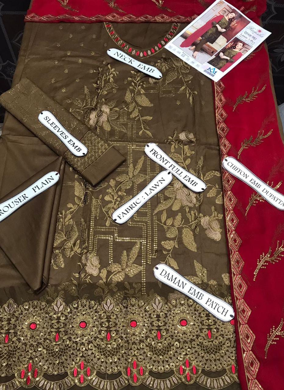 Deep Heena Color lawn dress with embroidery work 3 piece