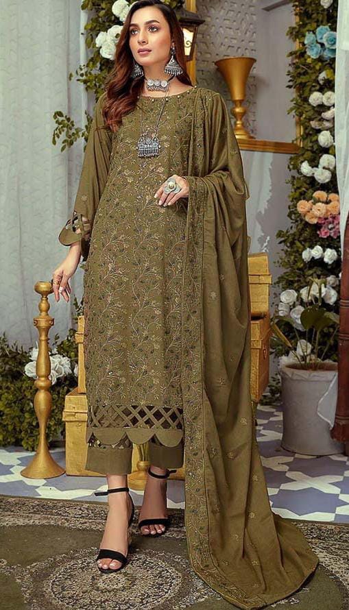 Deep green Color lawn dress with embroidery work 3 piece