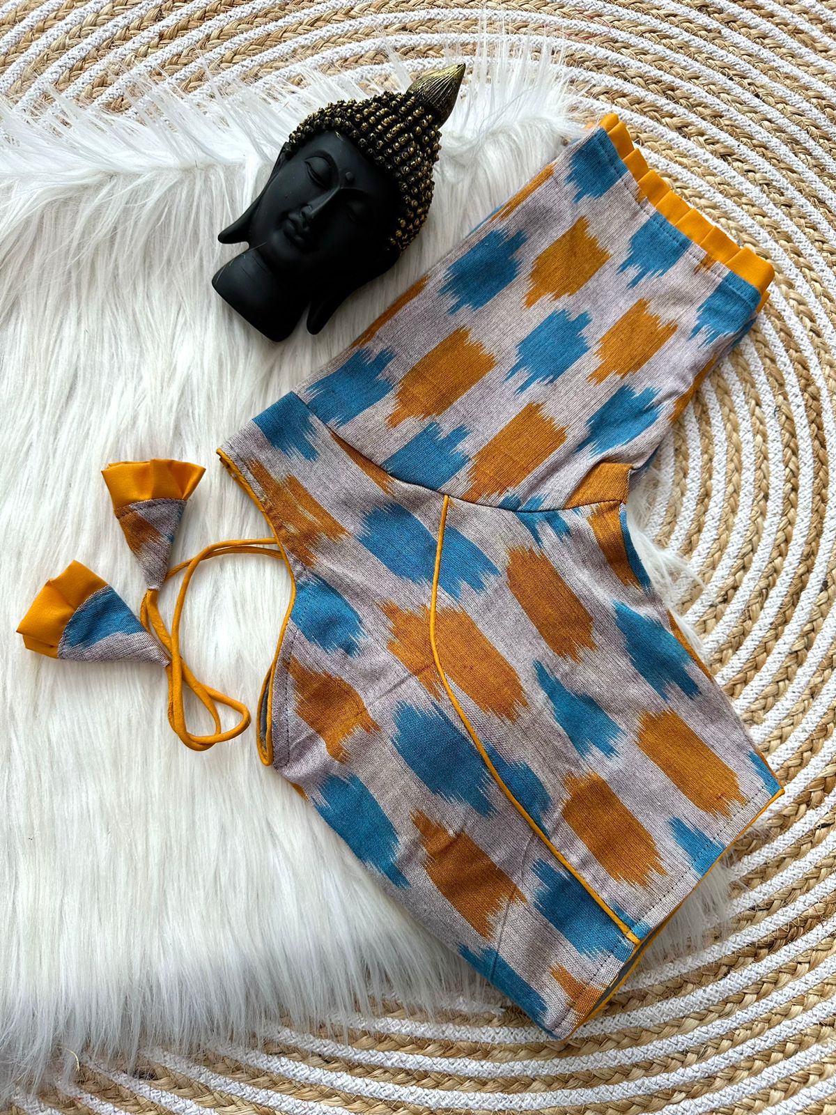 Handloom Ikkat Pure Cotton Blouse Plain Blouse Match with Any Saree Back open with Fancy Latkan Padded Cotton Lining 11inch Elbow Sleeve 15inch height