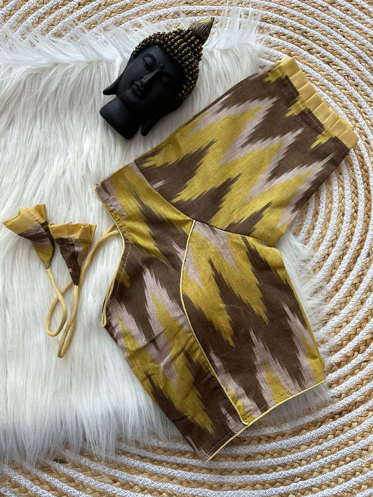 Handloom Ikkat Pure Cotton Blouse Plain Blouse Match with Any Saree Back open with Fancy Latkan Padded Cotton Lining 11inch Elbow Sleeve 15inch height