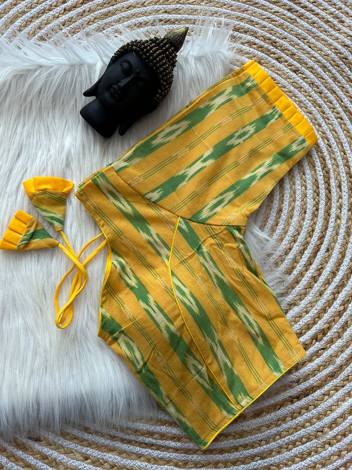 Handloom Ikkat Pure Cotton Blouse Plain Blouse Match with Any Saree Back open with Fancy Latkan Padded Cotton Lining 11inch Elbow Sleeve 15inch height