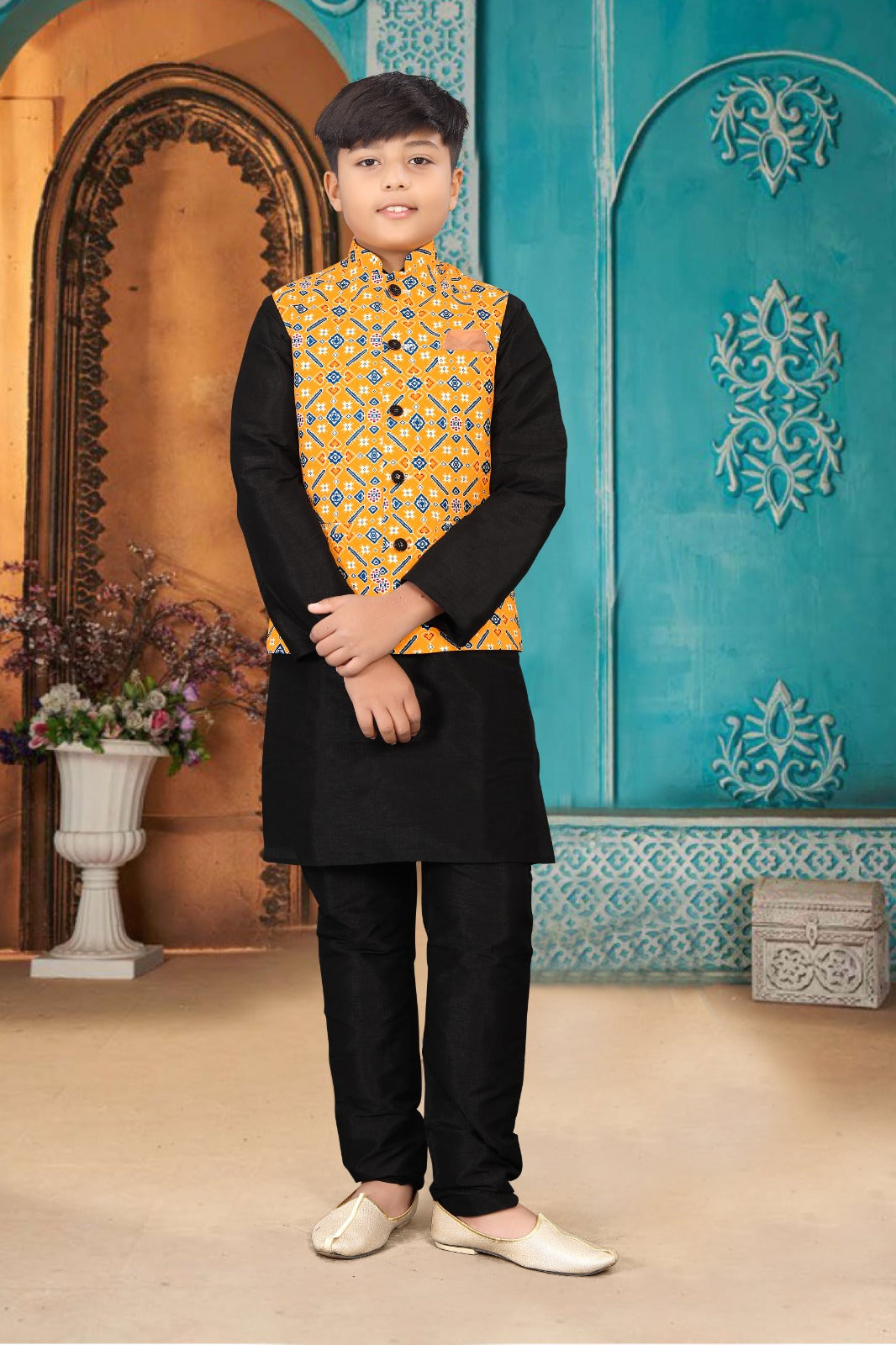_Kid_s Koti -2 Kurta Pyjama_ Nehru Fabric- _Jute Printed_ Kurta Fabric - _Silk_