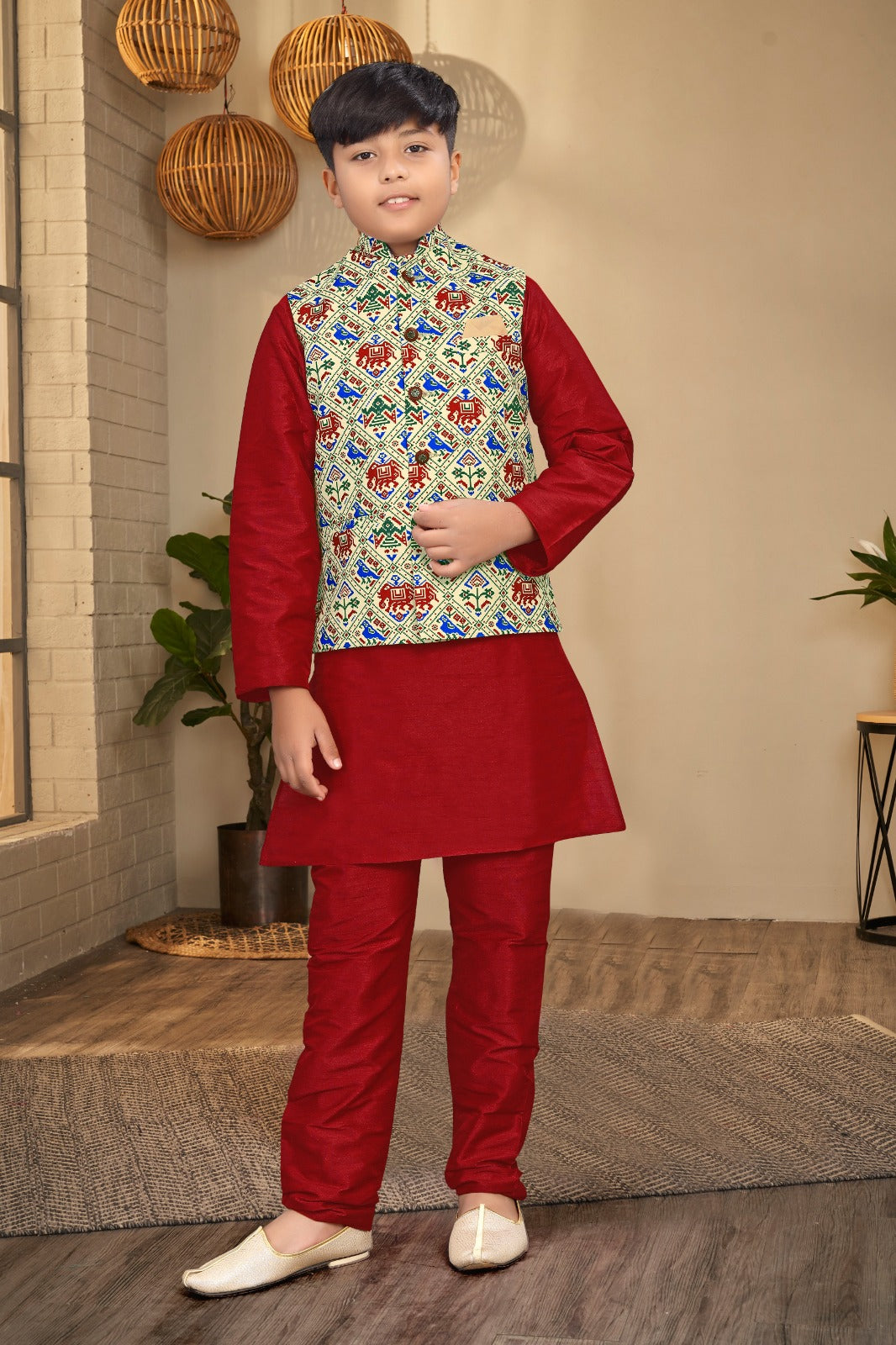 Kid's Koti -2 Kurta Pyjama_ Nehru Fabric- _Jute Printed_ Kurta Fabric - _Silk_