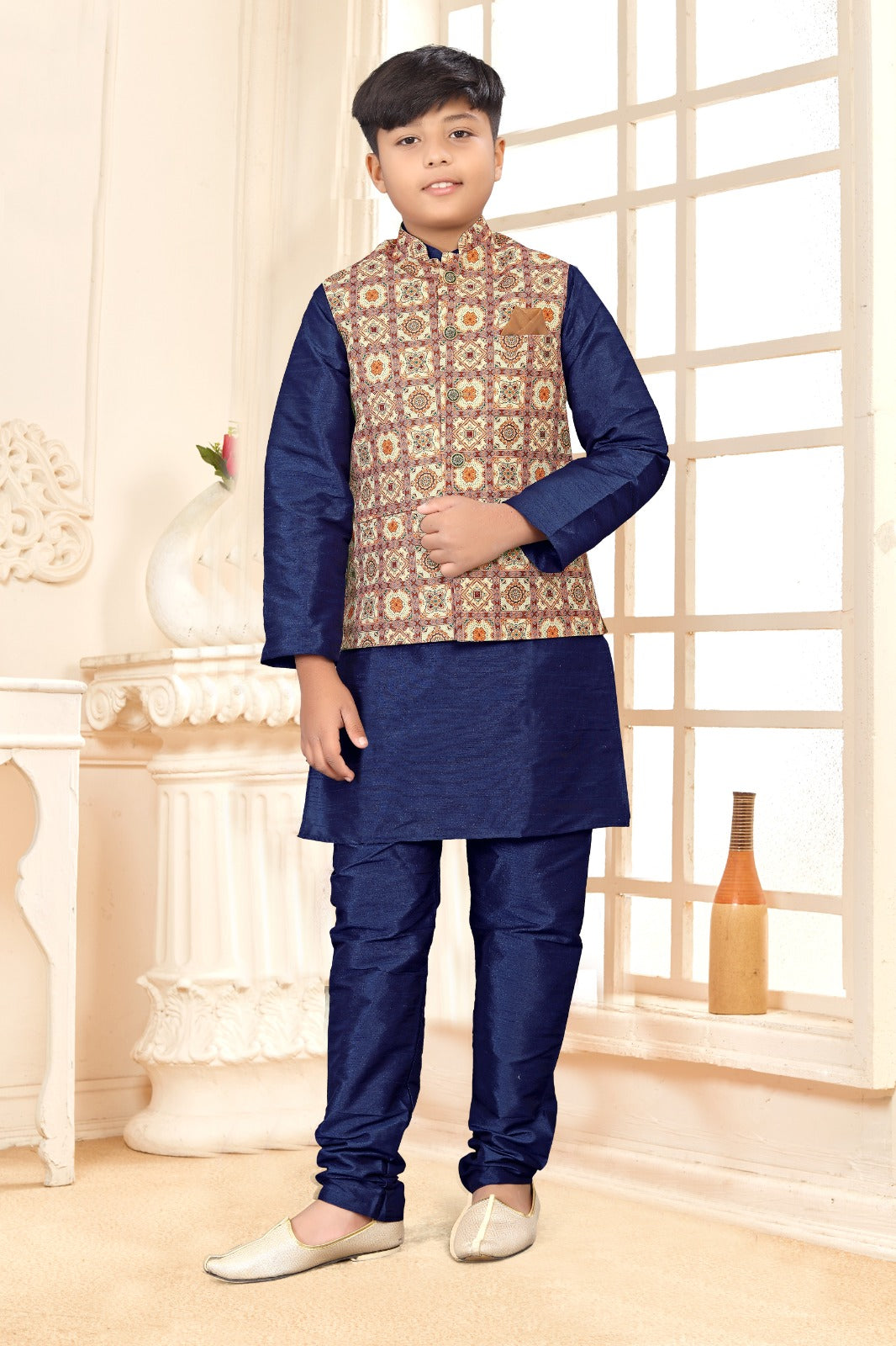 Kid's Koti -2 Kurta Pyjama_ Nehru Fabric- _Jute Printed_ Kurta Fabric - _Silk_
