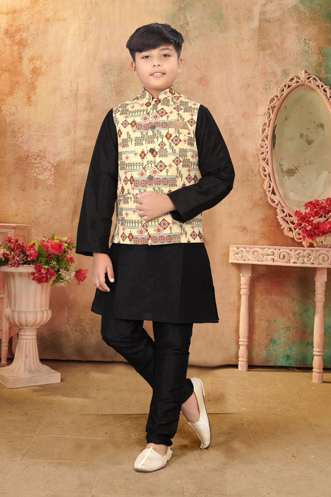 _Kid_s Koti -2 Kurta Pyjama_ Nehru Fabric- _Jute Printed_ Kurta Fabric - _Silk_