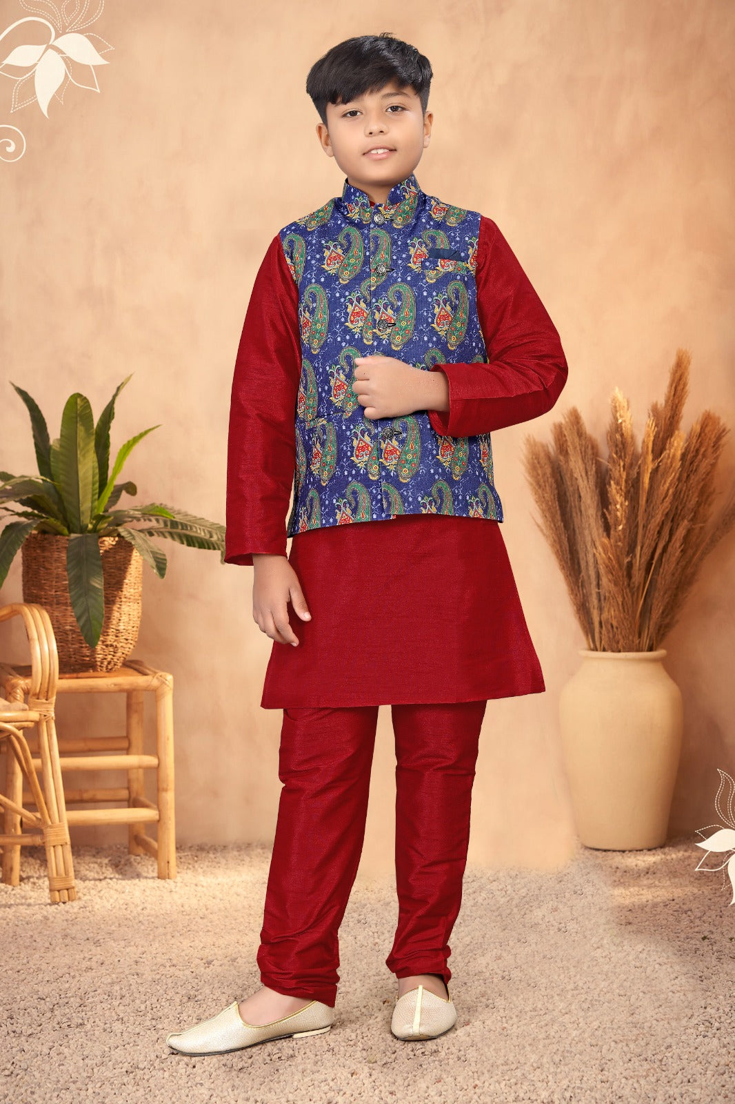 _Kid_s Koti -2 Kurta Pyjama_ Nehru Fabric- _Jute Printed_ Kurta Fabric - _Silk_