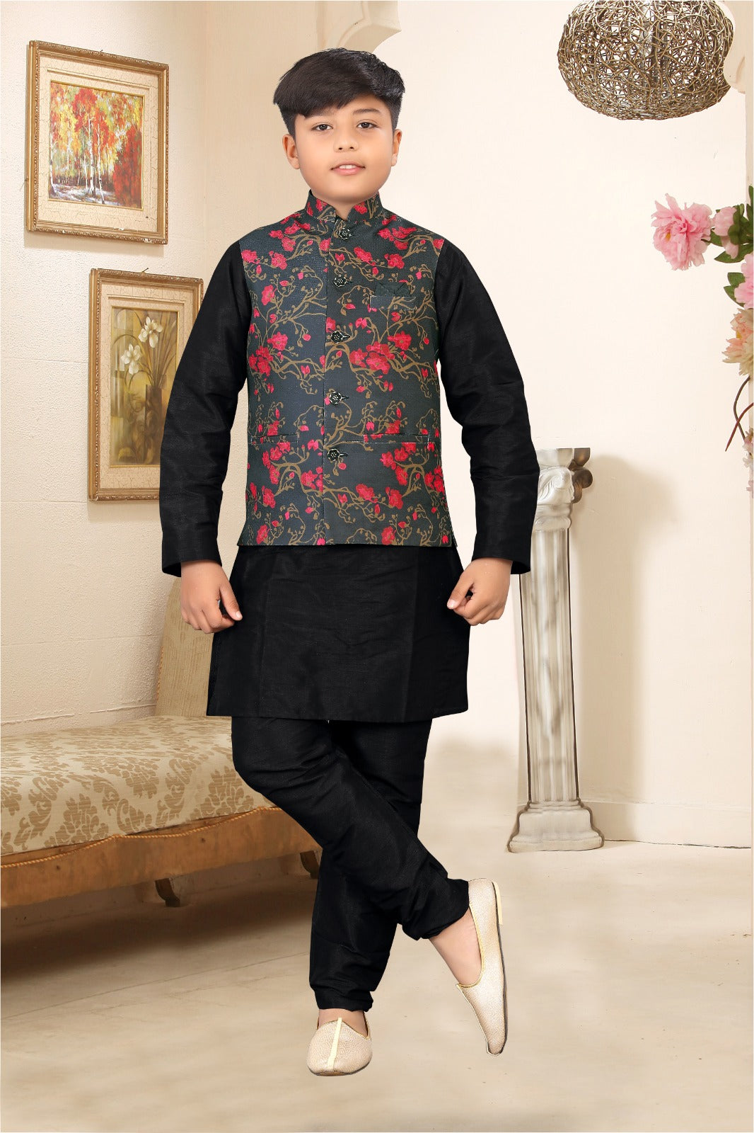 _Kid_s Koti -2 Kurta Pyjama_ Nehru Fabric- _Jute Printed_ Kurta Fabric - _Silk_