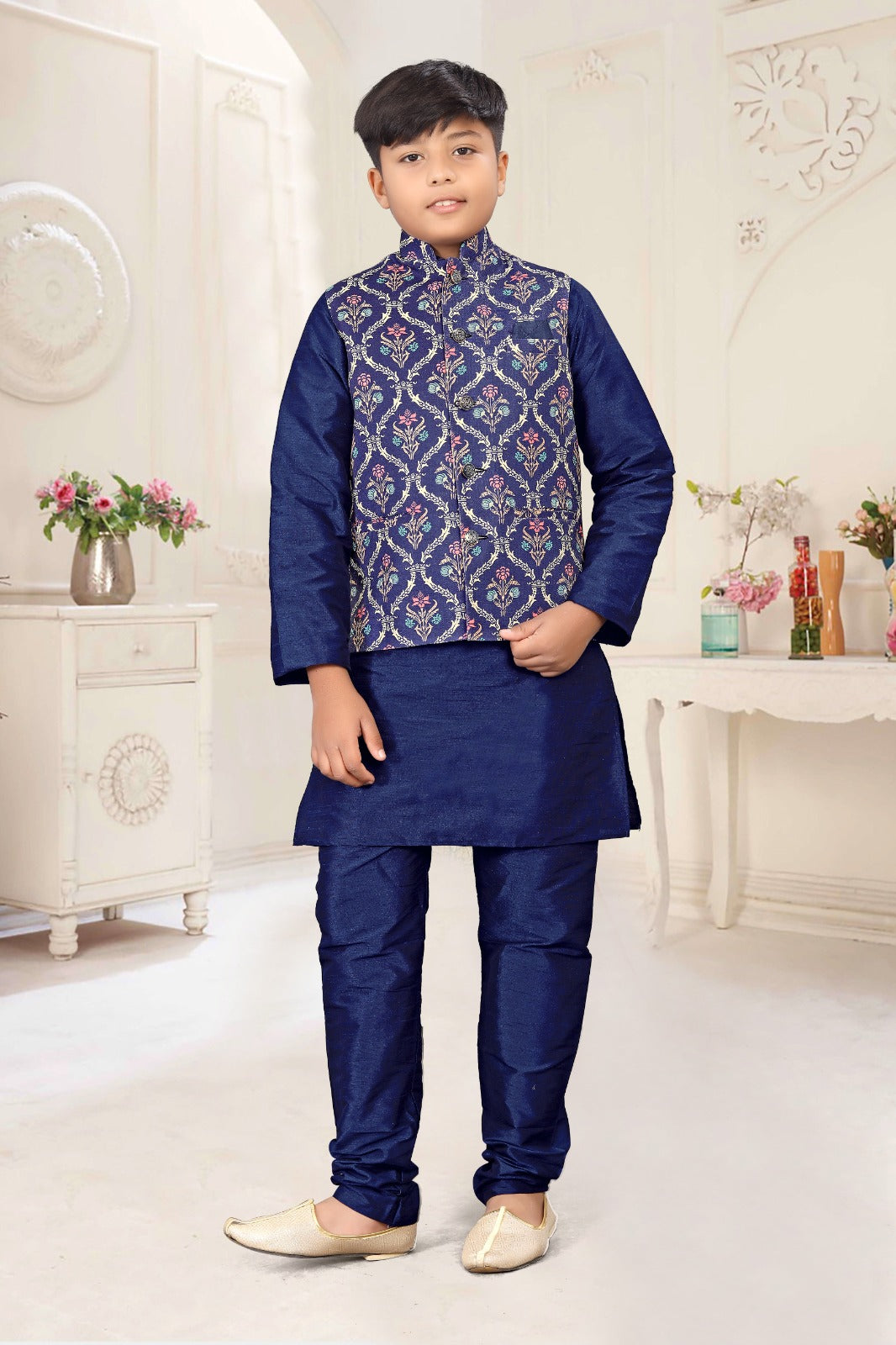 Kid's Koti -2 Kurta Pyjama_ Nehru Fabric- _Jute Printed_ Kurta Fabric - _Silk_