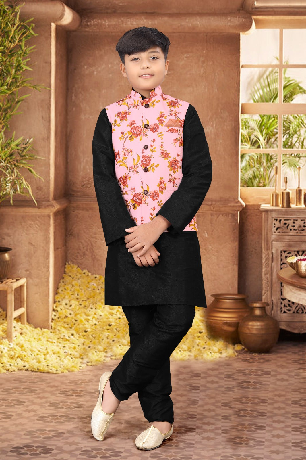 _Kid_s Koti -2 Kurta Pyjama_ Nehru Fabric- _Jute Printed_ Kurta Fabric - _Silk_