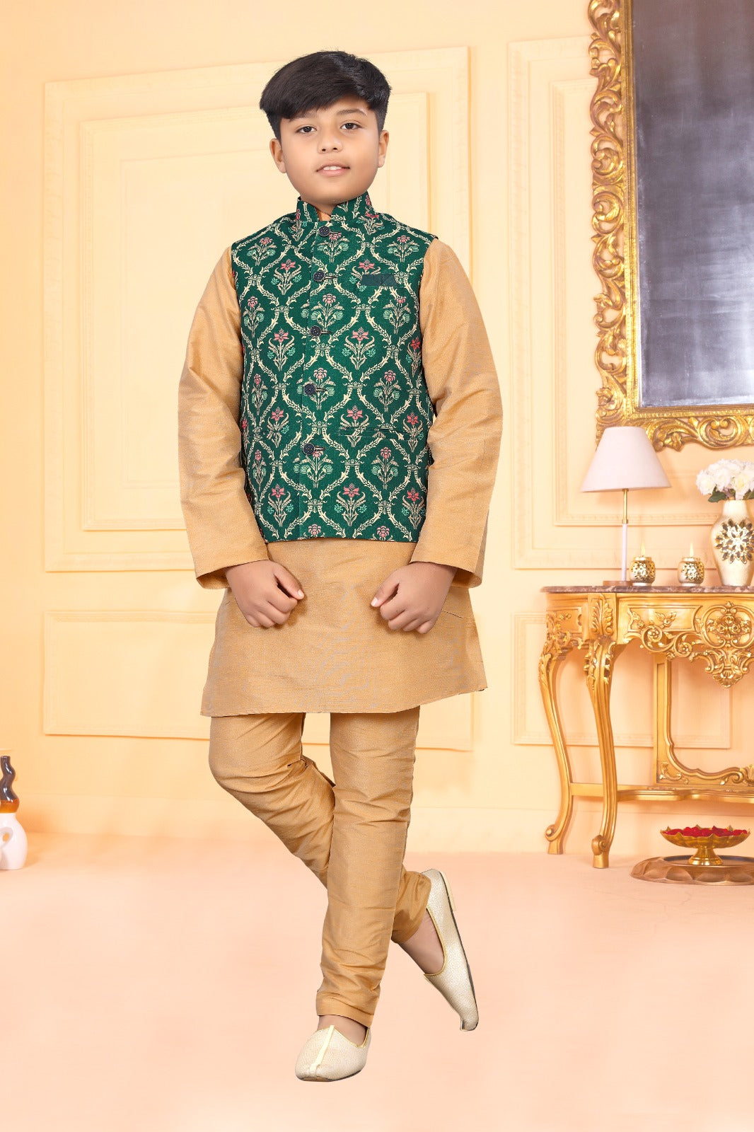 Kid's Koti -2 Kurta Pyjama_ Nehru Fabric- _Jute Printed_ Kurta Fabric - _Silk_