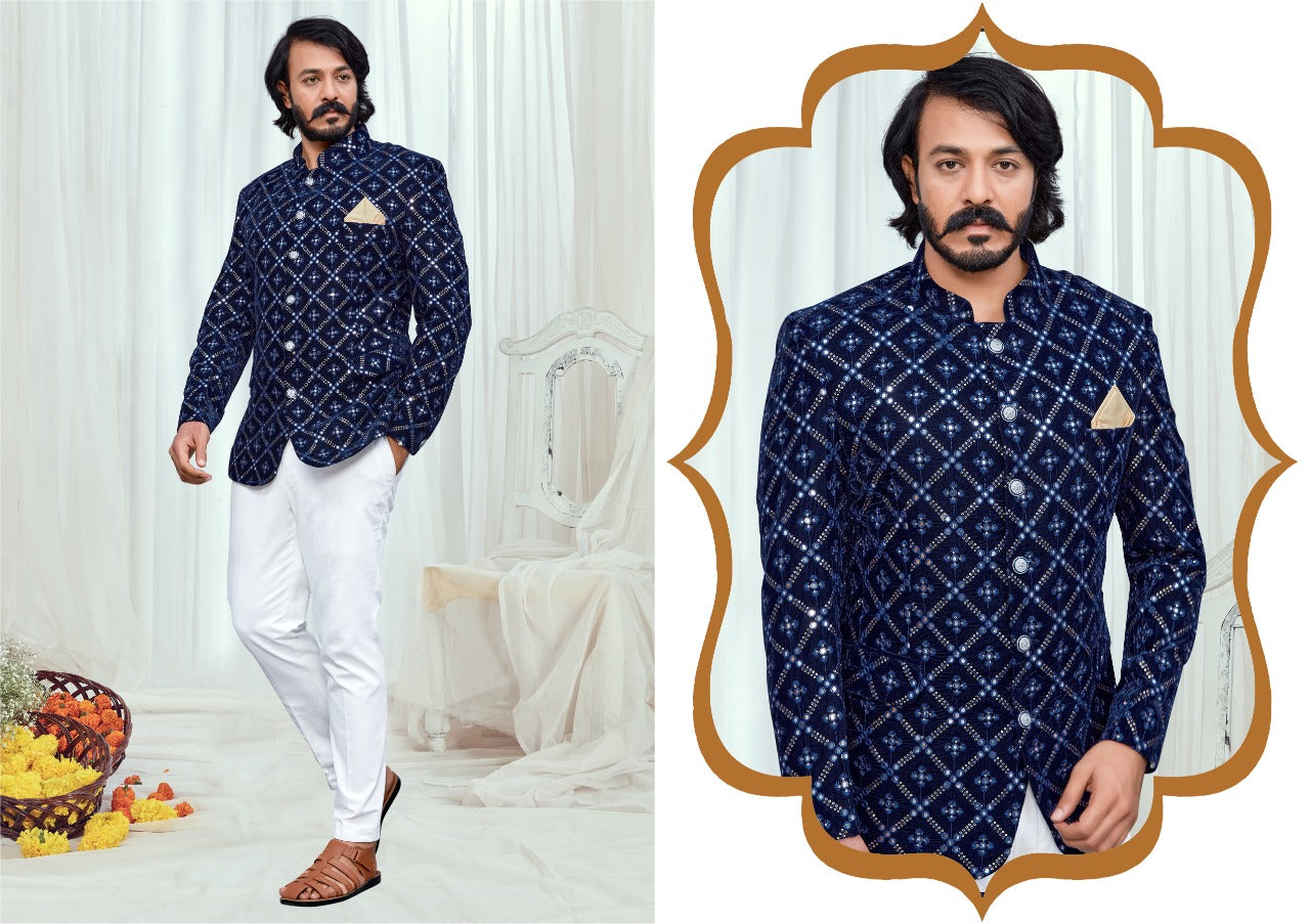 Men's Jodhpuri Velvet Embroidery mirror work_ Sherwani