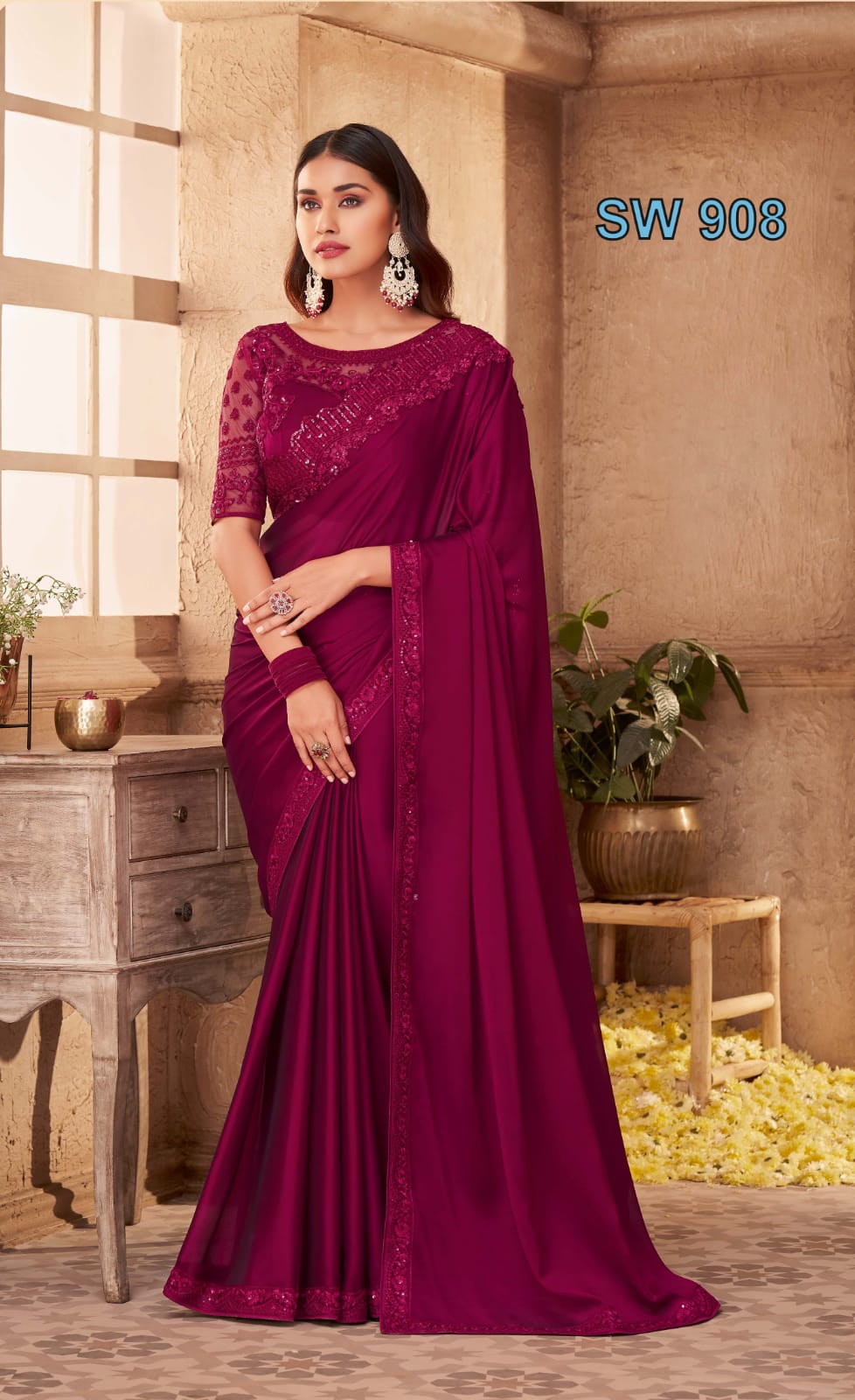 beautiful Sattin ,silk saree with unstitch blouse piece