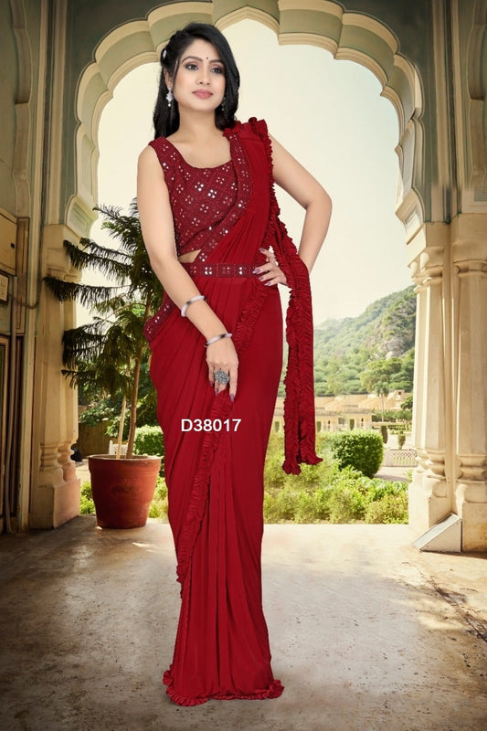 Gorgeous Ready to wear sharee nice bright red color  for party wear