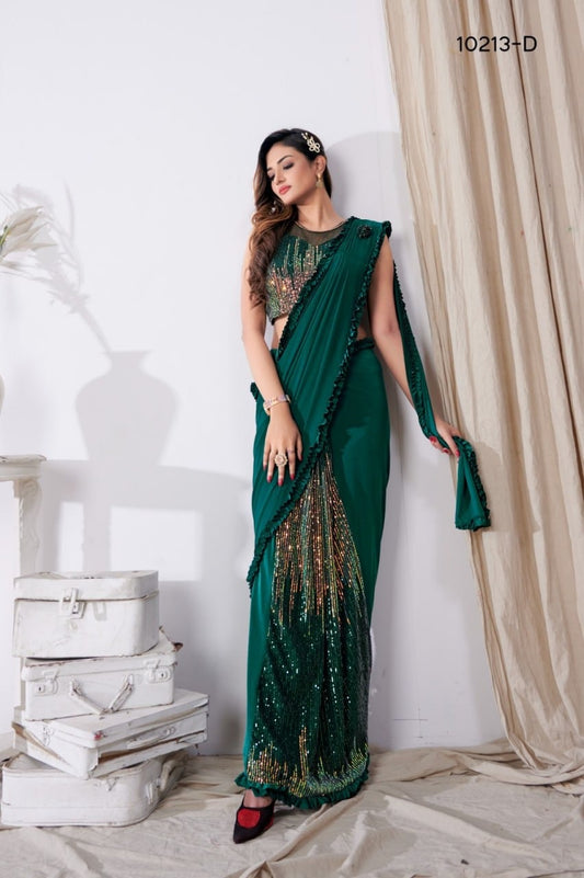Gorgeous Ready to wear sharee nice green  color for party wear