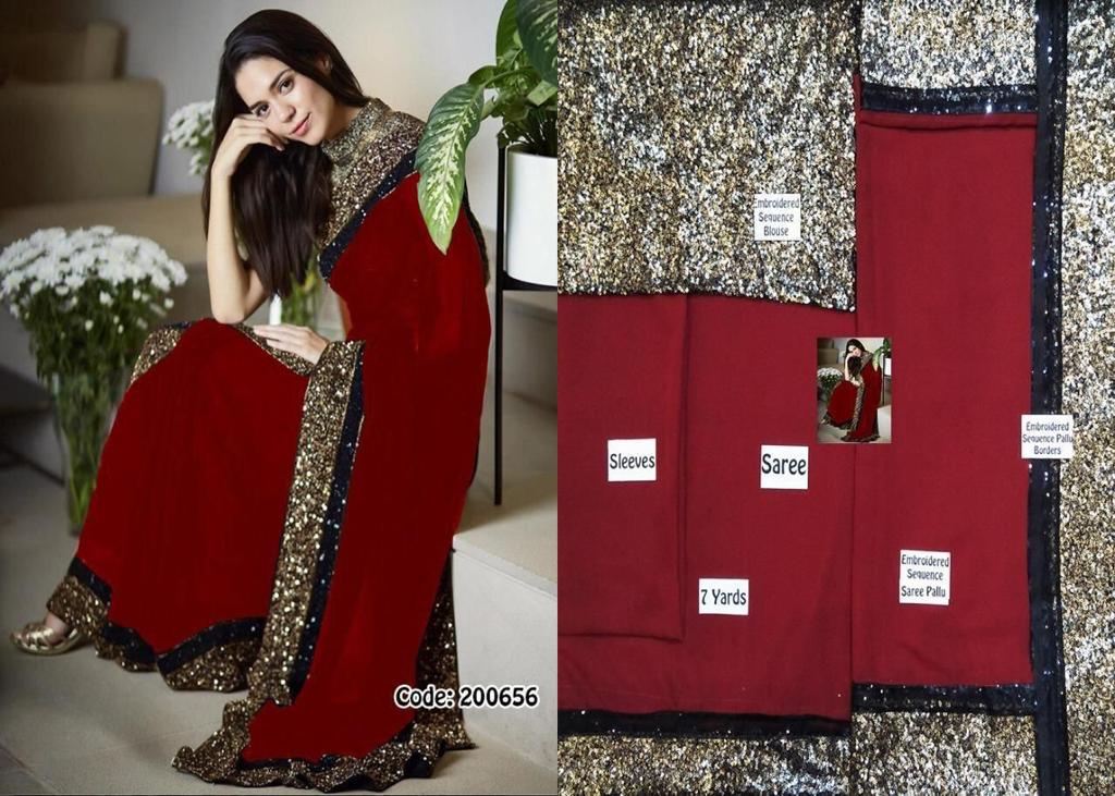 Red color with black work Gorget saree with blouse piece