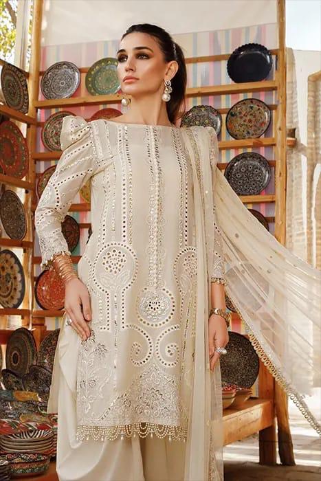 Cotton off-white color 3 piece Embroidery ready to wear salwar kameez