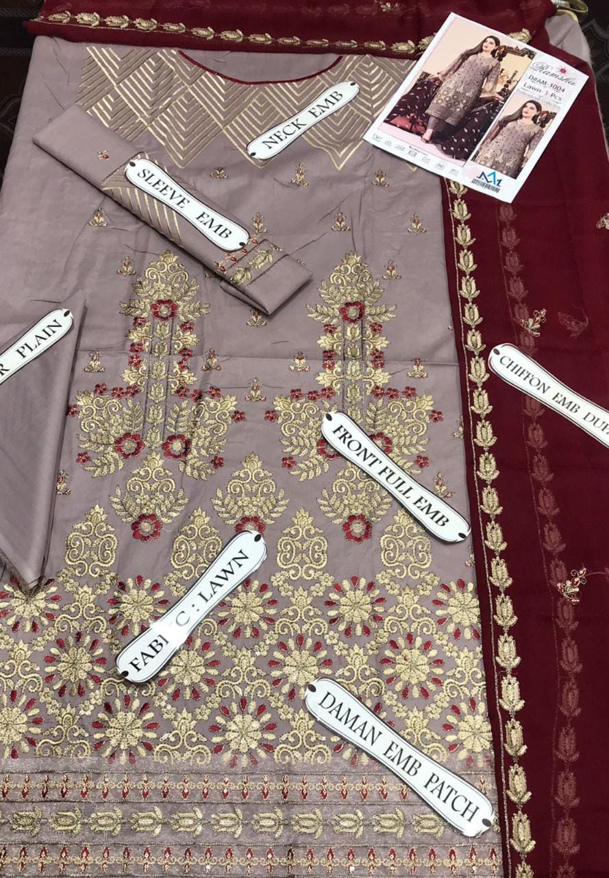 Ready to wear Lawn Fabric embroidery work 3 piece