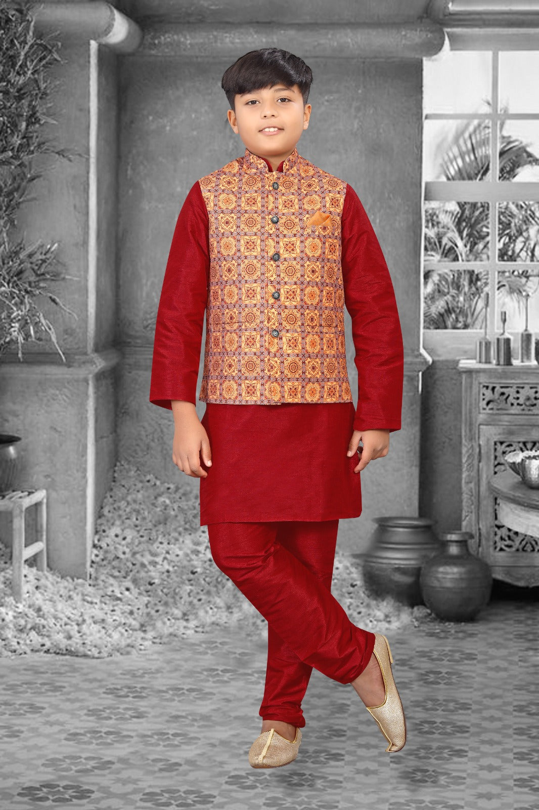 Kid's Koti -2 Kurta Pyjama_  Nehru Fabric- _Jute Printed_  Kurta Fabric - _Silk_