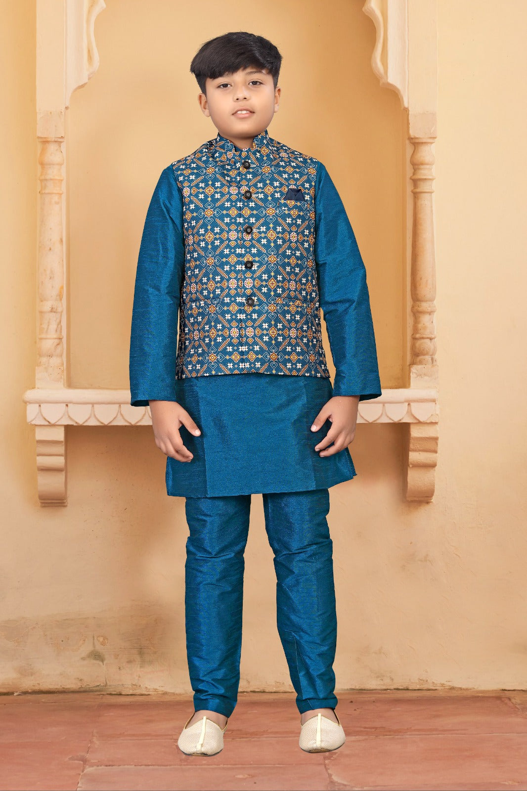 Kid's Koti -2 Kurta Pyjama_  Nehru Fabric- _Jute Printed_  Kurta Fabric - _Silk_