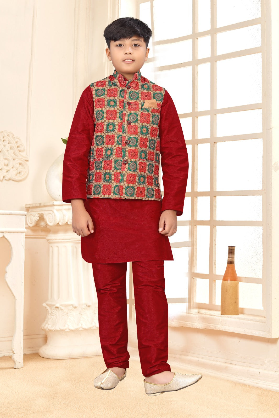 Kid's Koti -2 Kurta Pyjama_  Nehru Fabric- _Jute Printed_  Kurta Fabric - _Silk_