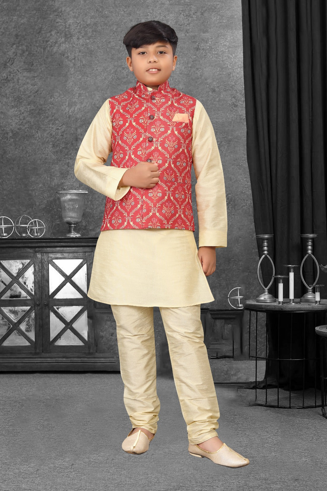 Kid's Koti -2 Kurta Pyjama_  Nehru Fabric- _Jute Printed_  Kurta Fabric - _Silk_
